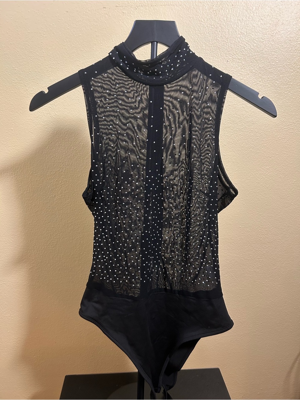 Black Mesh Rhinestone Mock Neck Bodysuit